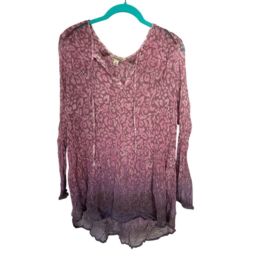 Lucky Brand XL Boho Sheer Blouse Pink Purple Floral Peasant Top long sleeve